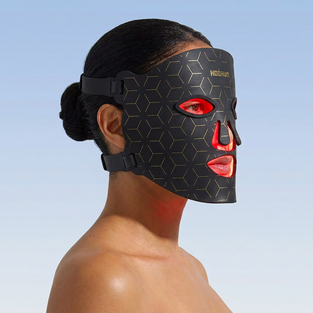 skira LED-ansiktsmask i svart, buren med rött ljus